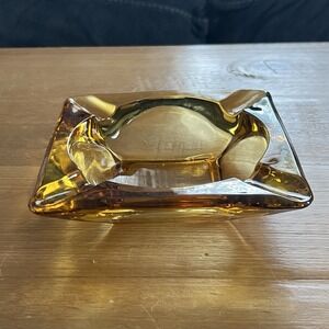 Vintage Amber Glass Square Ashtray Mid Century 4 Cigarette Retro MCM Heavy 6"
